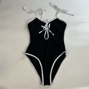 Cupshe One Piece Swimsuit Womens Small Keyhole Bow Cheeky Black Ribbed